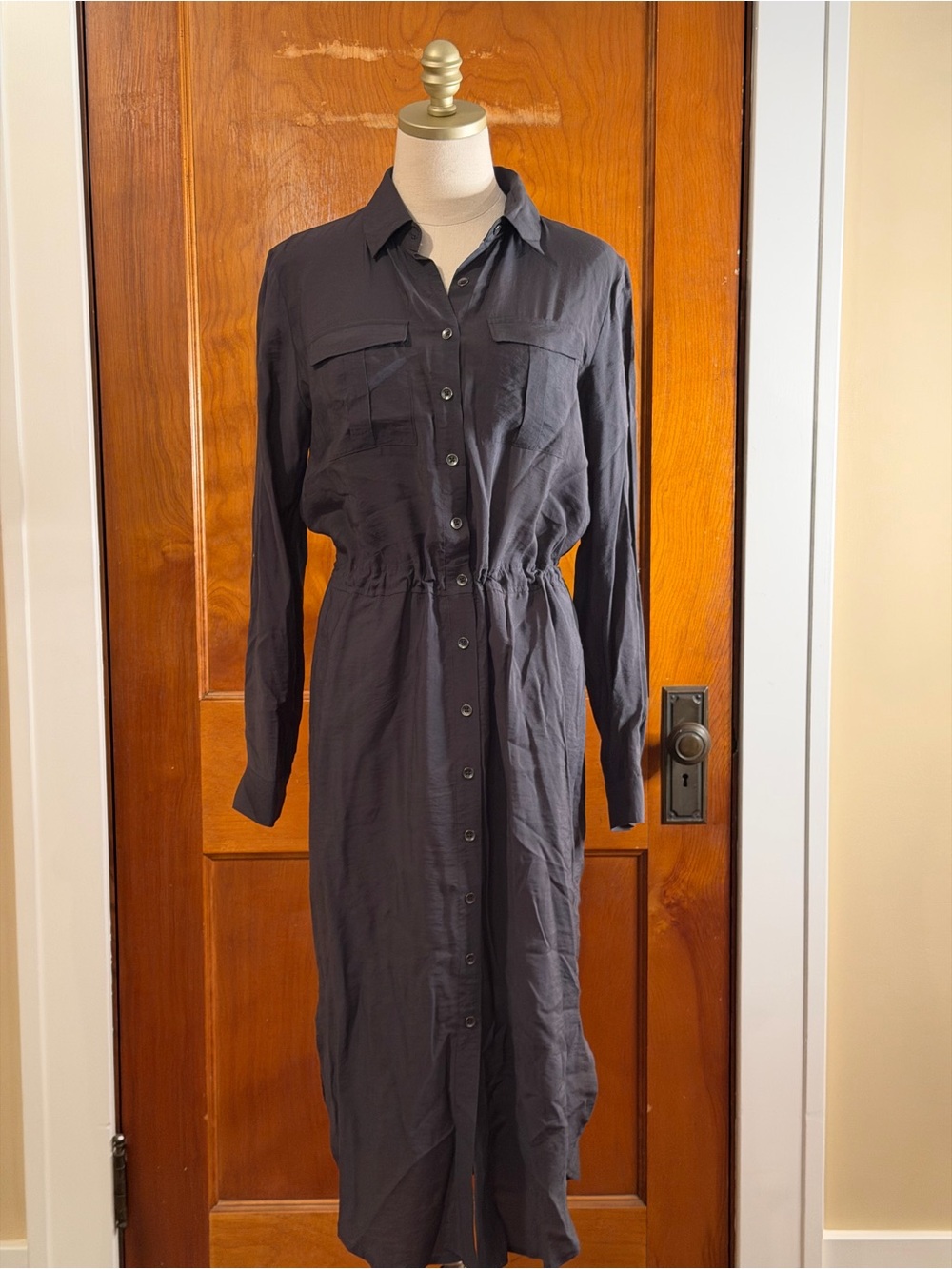 Maeve Charcoal Long-Sleeve Button-Front Shirt Dress with cinch belt